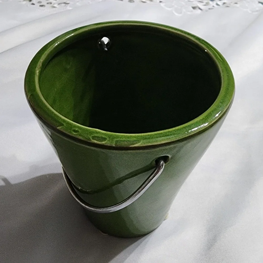 Green Glazed Ceramic Decorative Mini Bucket Metal Handle Crackle Finish 4.5 inch